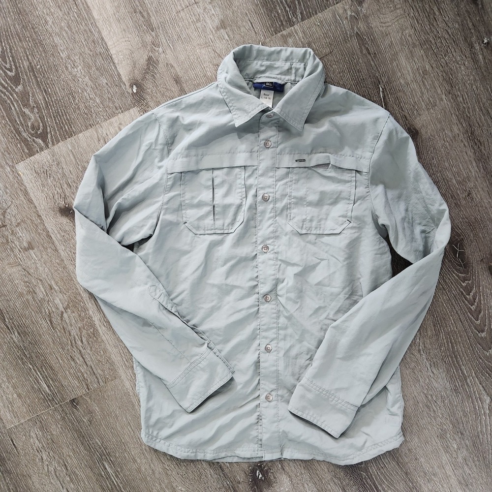 REI Co-op Boys Sahara Long Sleeve Hiking Shirt Gray L 14-16 Fishing Camping